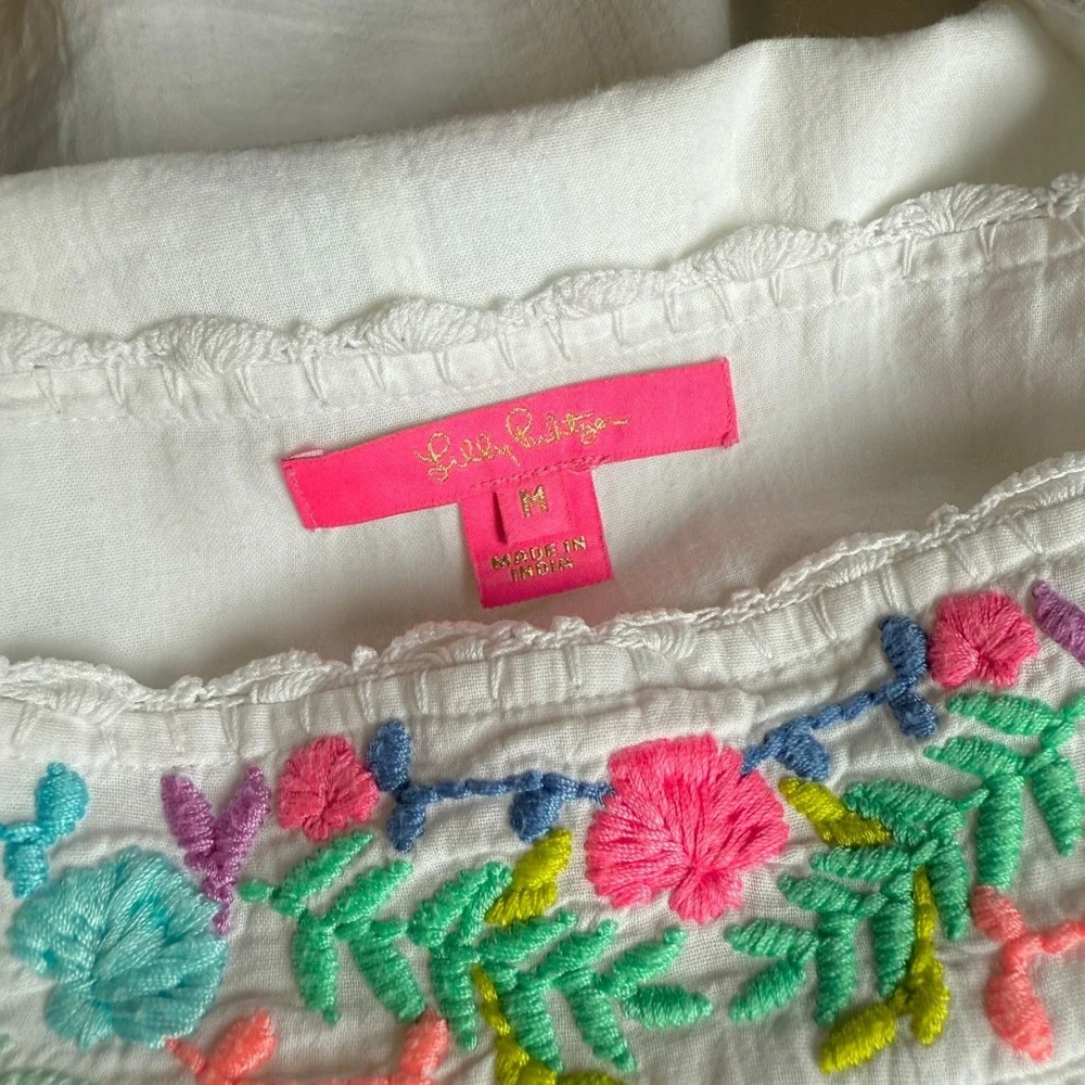 Lilly Pulitzer Tamryn Top White Floral Embroidered Square Neck Peasant Blouse M - Picture 9 of 11